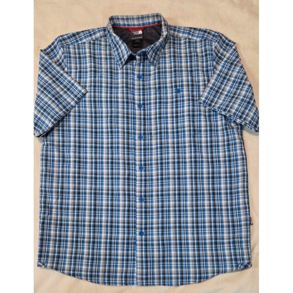 THE NORTH FACE MENS SHORT SLEEVE BLUE/BLACK/WHITE  STRIPED BUTTONDOWN LARGE